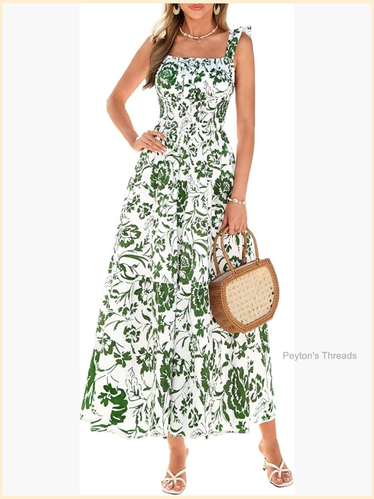 Boho Floral Smocked Maxi Sundress With Pockets Square Neck Cap Sleeve